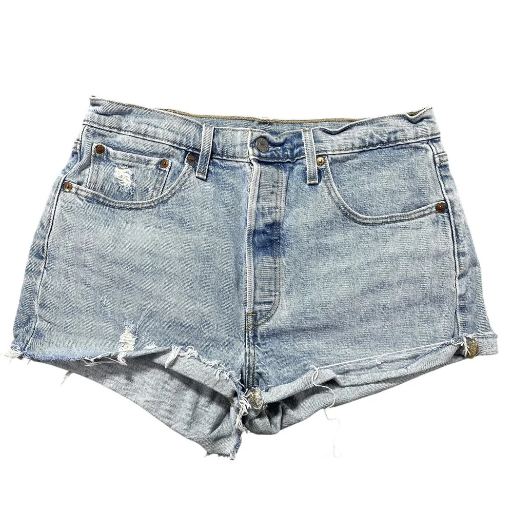 Levi's 501XX Shorts Womens W31 Blue Denim High Rise Button Fly Cutoff Frayed Hem